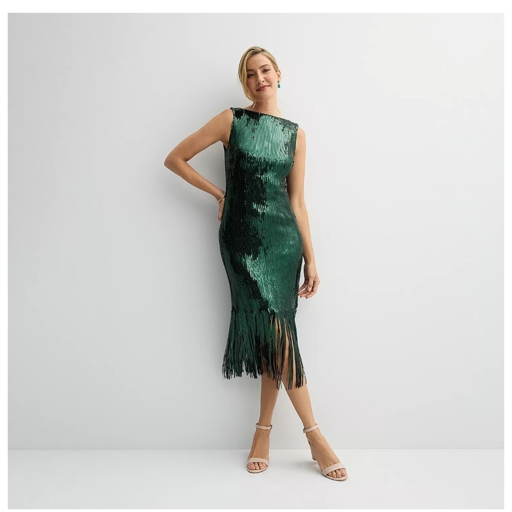 Nanette Lepore Emerald Green Sequin Fringe Cocktail Midi Dress Size 14